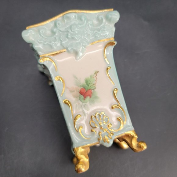 Royal Crown China Vase Square Floral Signed Green Cream Gold Trimmed Cr603 - Picture 8 of 8